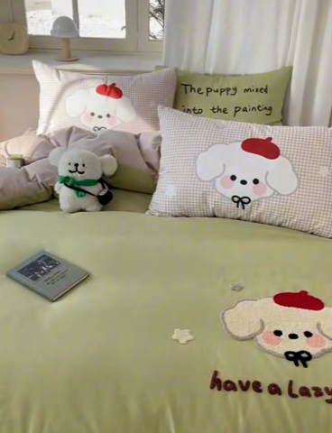 91家纺网 家纺一手货源 找家纺 美乐迪家纺 2025新款休闲风系列全棉毛巾绣四件套 休闲小狗