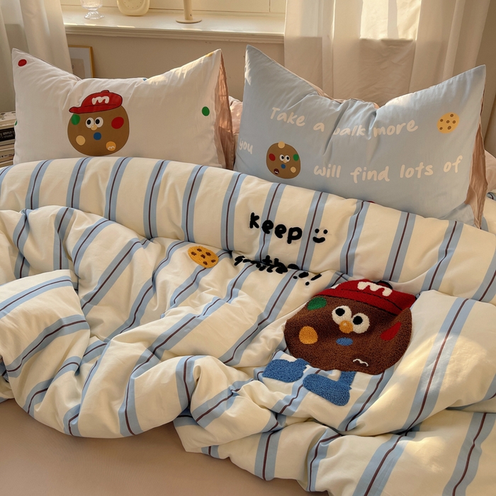 91家纺网 家纺一手货源 找家纺 美乐迪家纺 2025新款休闲风系列全棉毛巾绣四件套 玩趣m豆