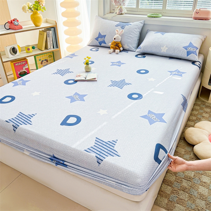 91家纺网 家纺一手货源 找家纺 雯豆2025春夏新品全棉床笠三件套学生成人印花纯棉床罩 全棉床笠-星星约定