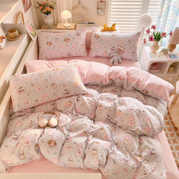 91家纺网 家纺一手货源 找家纺 慕澄家纺 2025新款小清新水洗棉印花四件套 萌趣版-甜宠