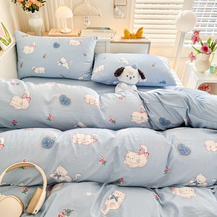 91家纺网 家纺一手货源 找家纺 慕澄家纺 2025新款小清新水洗棉印花四件套 萌趣版-卡哇伊猫咪