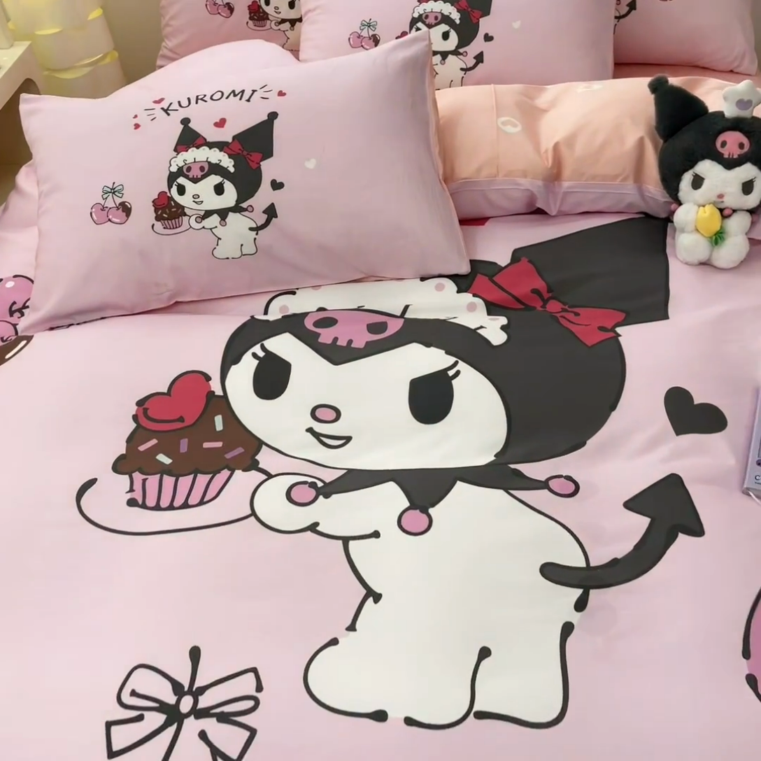 91家纺网 家纺一手货源 找家纺 博雅 2025新款三丽鸥大版印花全棉四件套专版花型 全棉大版（普通款口袋枕）樱桃库洛米