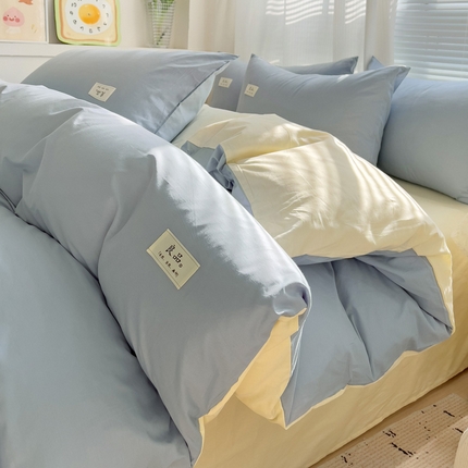 眠博士 2025新款40支高支高密全棉撞色双拼四件套 全棉拼色-浅蓝+浅黄