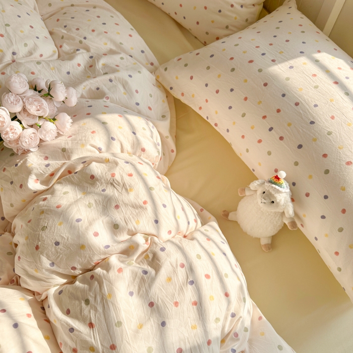 91家纺网 家纺一手货源 找家纺 慕澄家纺 2025新款小清新水洗棉印花四件套 萌趣版-奶油波点