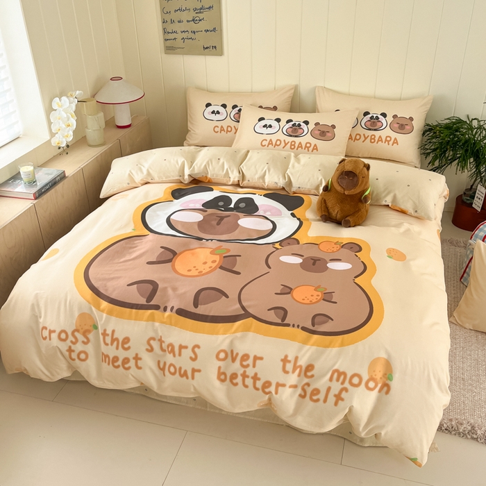 91家纺网 家纺一手货源 找家纺 博雅 2025新款卡皮巴拉系列全棉印花四件套 太空卡皮巴拉