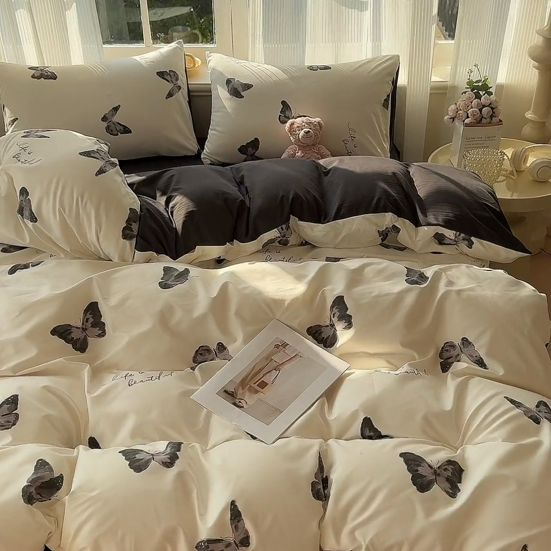 91家纺网 家纺一手货源 找家纺 赫然 2026新款水洗双层纱四件套 蝶舞