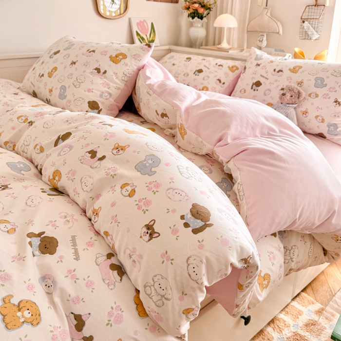 91家纺网 家纺一手货源 找家纺 慕澄家纺 2025新款小清新水洗棉印花四件套 萌趣版-狗狗派对