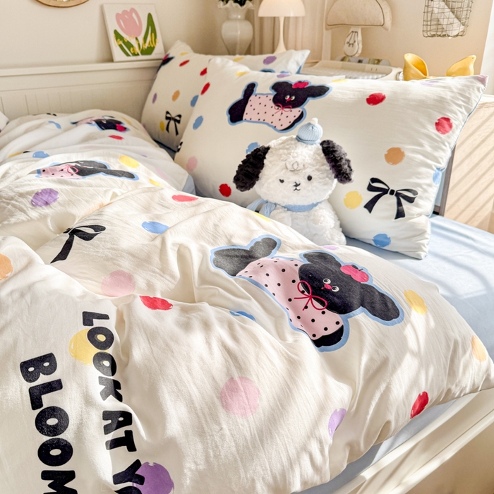 91家纺网 家纺一手货源 找家纺 慕澄家纺 2025新款小清新水洗棉印花四件套 萌趣版-彩波波