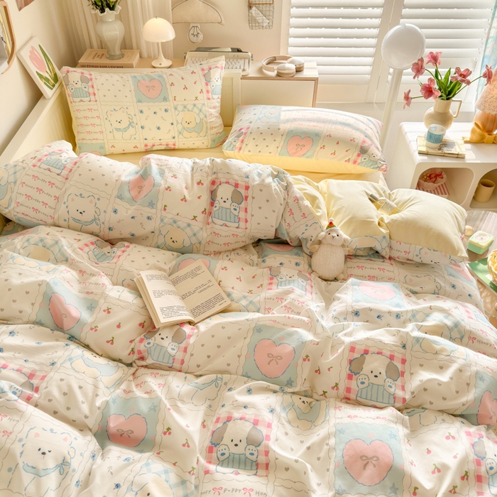 91家纺网 家纺一手货源 找家纺 慕澄家纺 2025新款小清新水洗棉印花四件套 萌趣版-格子铺