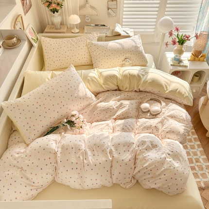慕澄家纺 2025新款小清新水洗棉印花四件套 萌趣版-奶油波点