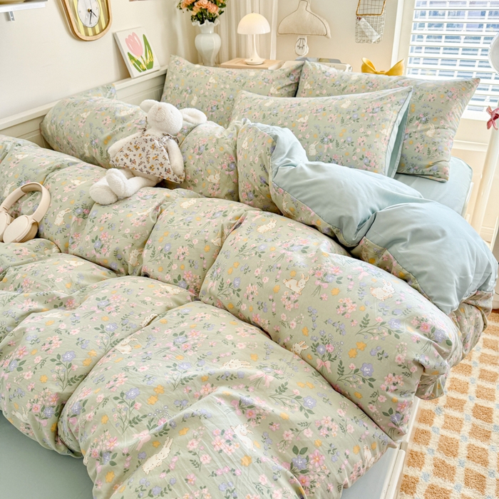 91家纺网 家纺一手货源 找家纺 慕澄家纺 2025新款小清新水洗棉印花四件套 萌趣版-碎花兔兔