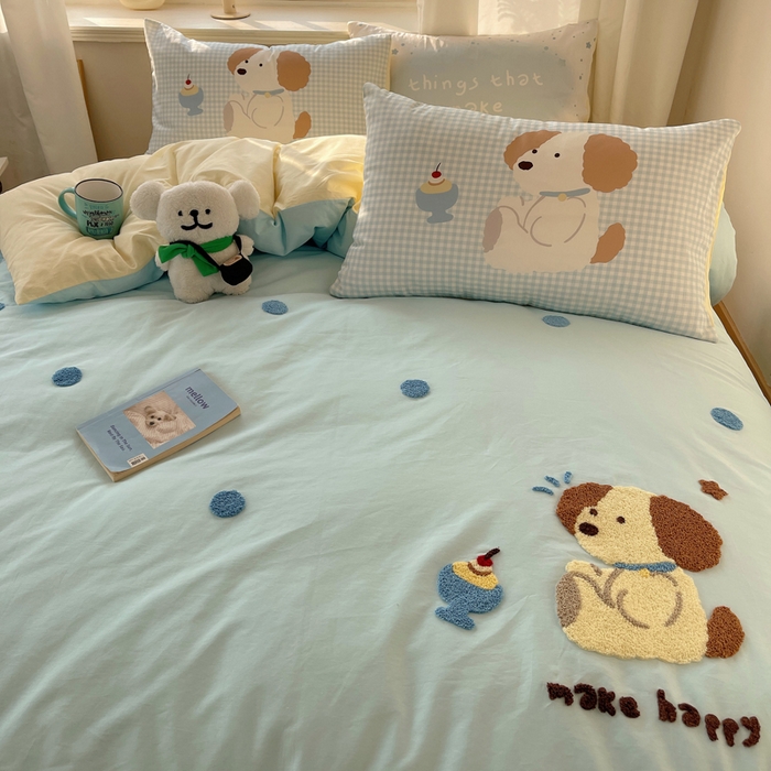 91家纺网 家纺一手货源 找家纺 美乐迪家纺 2025新款休闲风系列全棉毛巾绣四件套 布丁狗狗