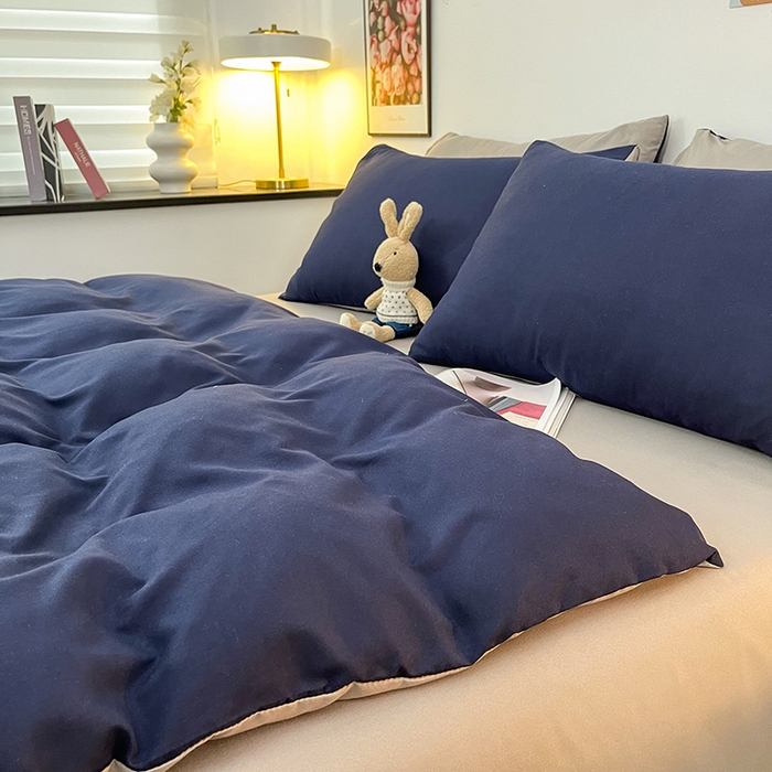 91家纺网 家纺一手货源 找家纺 赫然家纺 2026新款纯色磨毛系列床单款四件套 魅蓝+灰