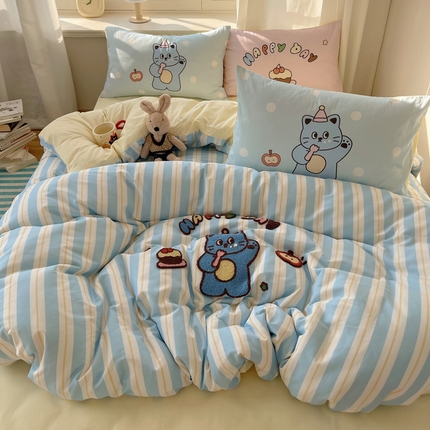 美乐迪家纺 2025新款休闲风系列全棉毛巾绣四件套 派对猫咪