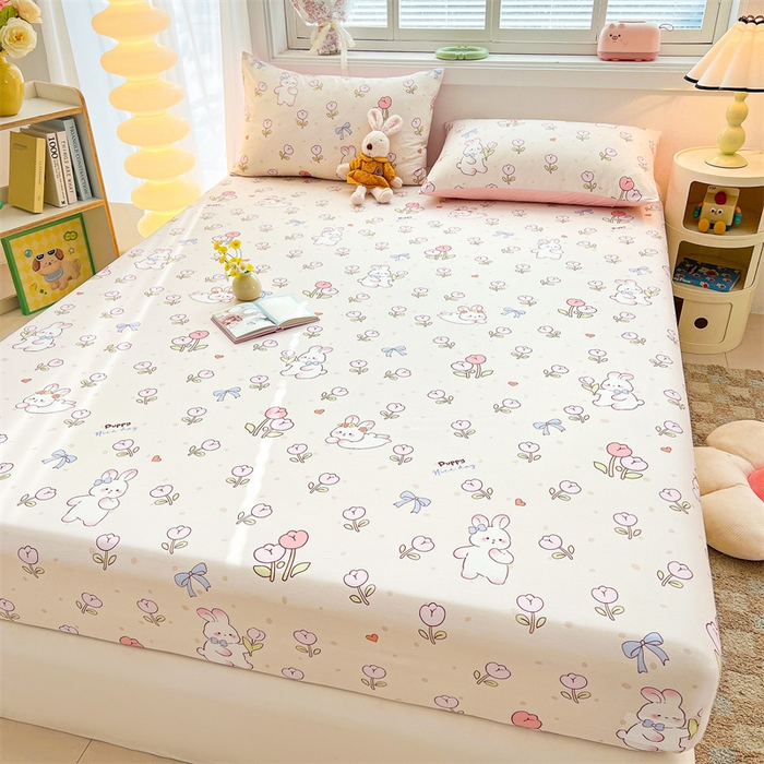 91家纺网 家纺一手货源 找家纺 雯豆2025春夏新品全棉床笠三件套学生成人印花纯棉床罩 全棉床笠-小兔乖乖