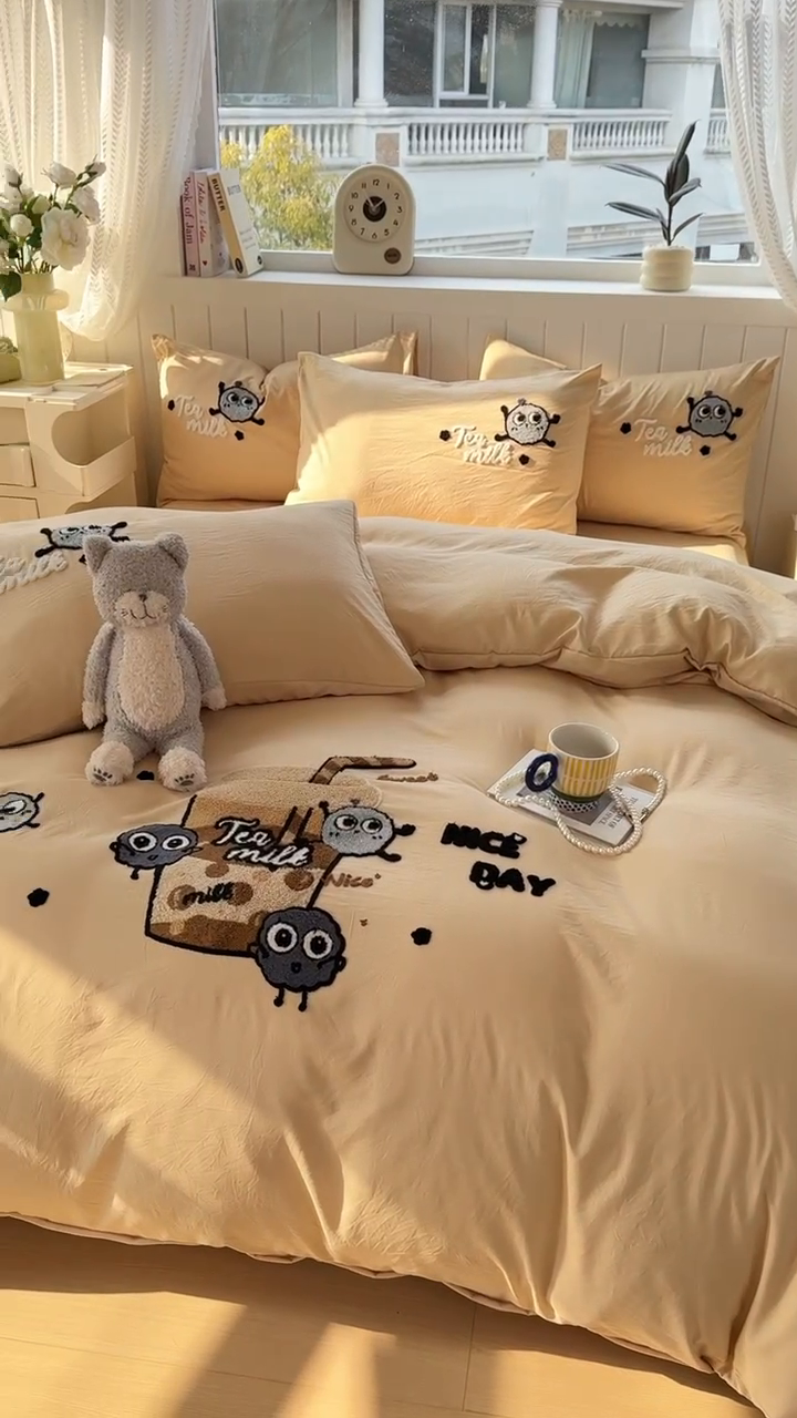 91家纺网 家纺一手货源 找家纺 （总）悦织湾 2025新款奶茶毛巾绣四件套水洗棉三件套学生宿舍单人双人床上用品4件套被套