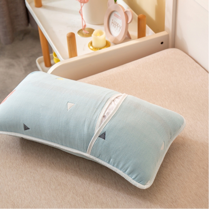91家纺网 家纺一手货源 找家纺 朴尔家纺-毛巾被 2025新款全棉卡通六层纱布儿童枕套 辛福鸟蓝