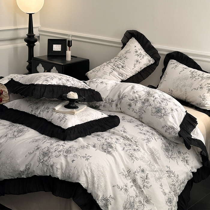 91家纺网 家纺一手货源 找家纺 蓝邻家纺 2025年新款全棉法式复古真丝绉花边四件套系列 加州风情