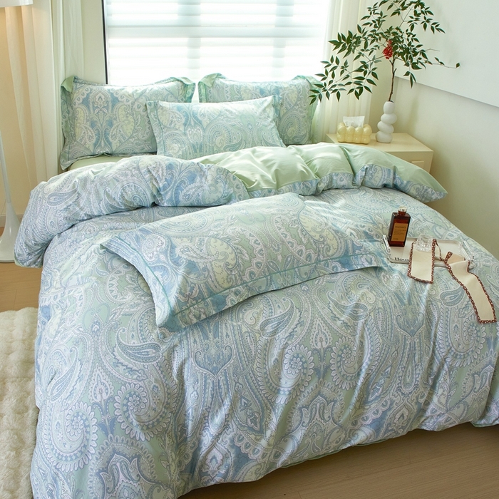 91家纺网 家纺一手货源 找家纺 启航家居 2025春夏全棉铂金棉数码印花四件套 凝远绿