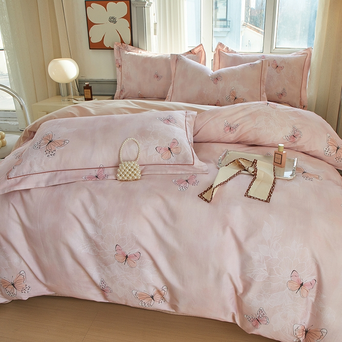 91家纺网 家纺一手货源 找家纺 启航家居 2025春夏全棉铂金棉数码印花四件套 浅梦粉