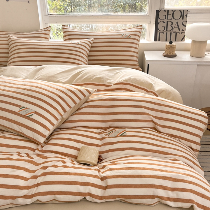 91家纺网 家纺一手货源 找家纺 蓝米卡夫 2025新品-无印风全棉色织水洗棉四件套 七彩-彩咖