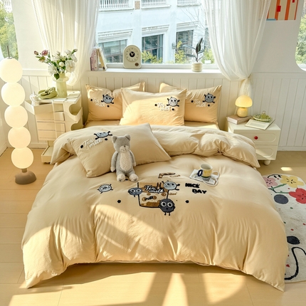91家纺网 家纺一手货源 找家纺 （总）悦织湾 2025新款奶茶毛巾绣四件套水洗棉三件套学生宿舍单人双人床上用品4件套被套