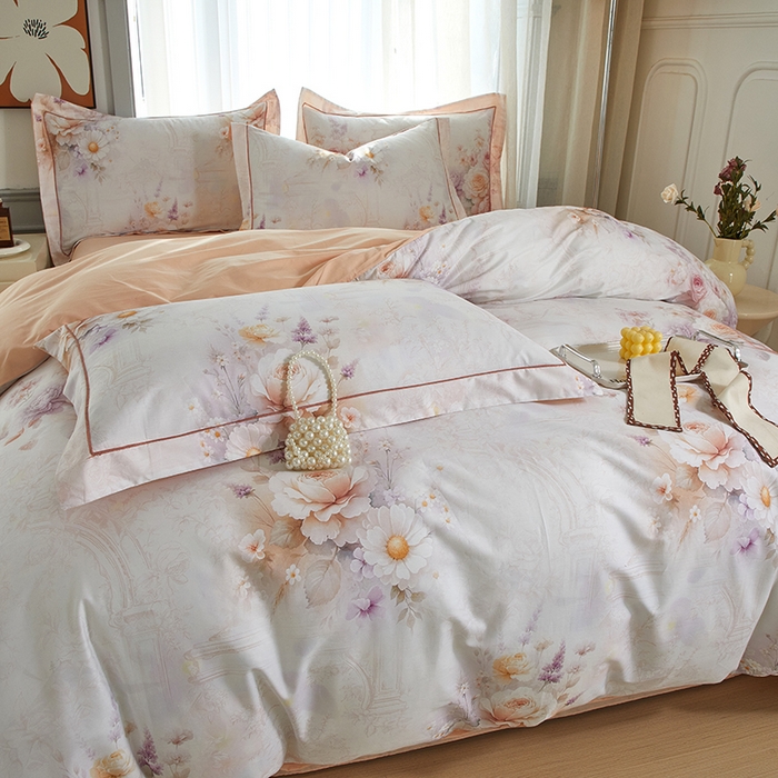 91家纺网 家纺一手货源 找家纺 启航家居 2025春夏全棉铂金棉数码印花四件套 花胭晚桥粉