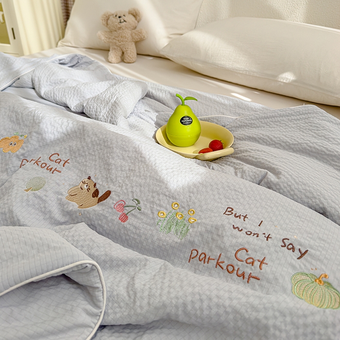 91家纺网 家纺一手货源 找家纺 睡棉坊 2025新款A类泡泡棉夏被韩版原创设计刺绣款空调被夏凉被 浅灰色