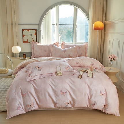 启航家居 2025春夏全棉铂金棉数码印花四件套 浅梦粉