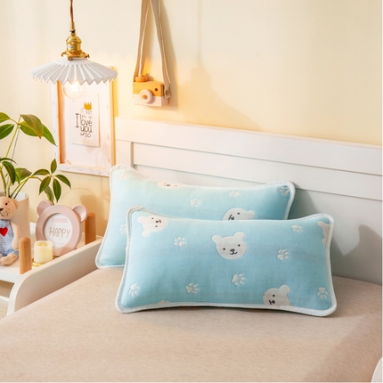 91家纺网 家纺一手货源 找家纺 朴尔家纺-毛巾被 2025新款全棉卡通六层纱布儿童枕套 甜蜜小熊蓝