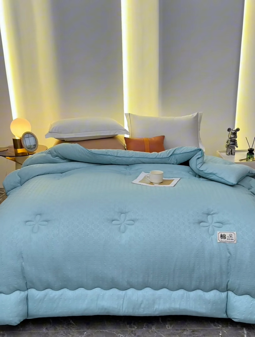 91家纺网 家纺一手货源 找家纺 悦织湾2025新款华夫格冬被大豆被子被芯春秋被轻奢时尚 水波绿
