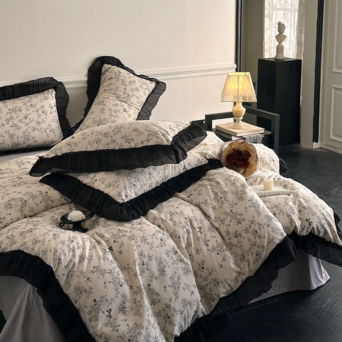 91家纺网 家纺一手货源 找家纺 蓝邻家纺 2025年新款全棉法式复古真丝绉花边四件套系列 忘忧