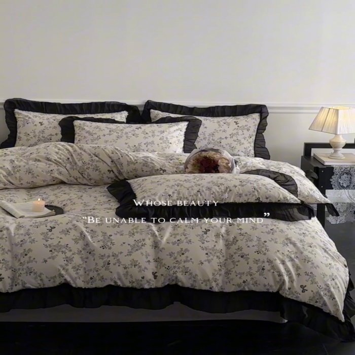 91家纺网 家纺一手货源 找家纺 蓝邻家纺 2025年新款全棉法式复古真丝绉花边四件套系列 忘忧