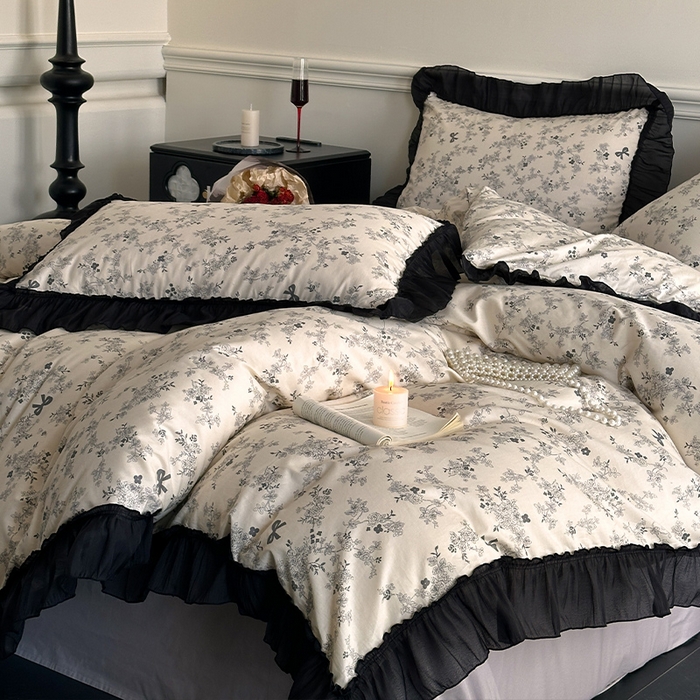 91家纺网 家纺一手货源 找家纺 蓝邻家纺 2025年新款全棉法式复古真丝绉花边四件套系列 忘忧