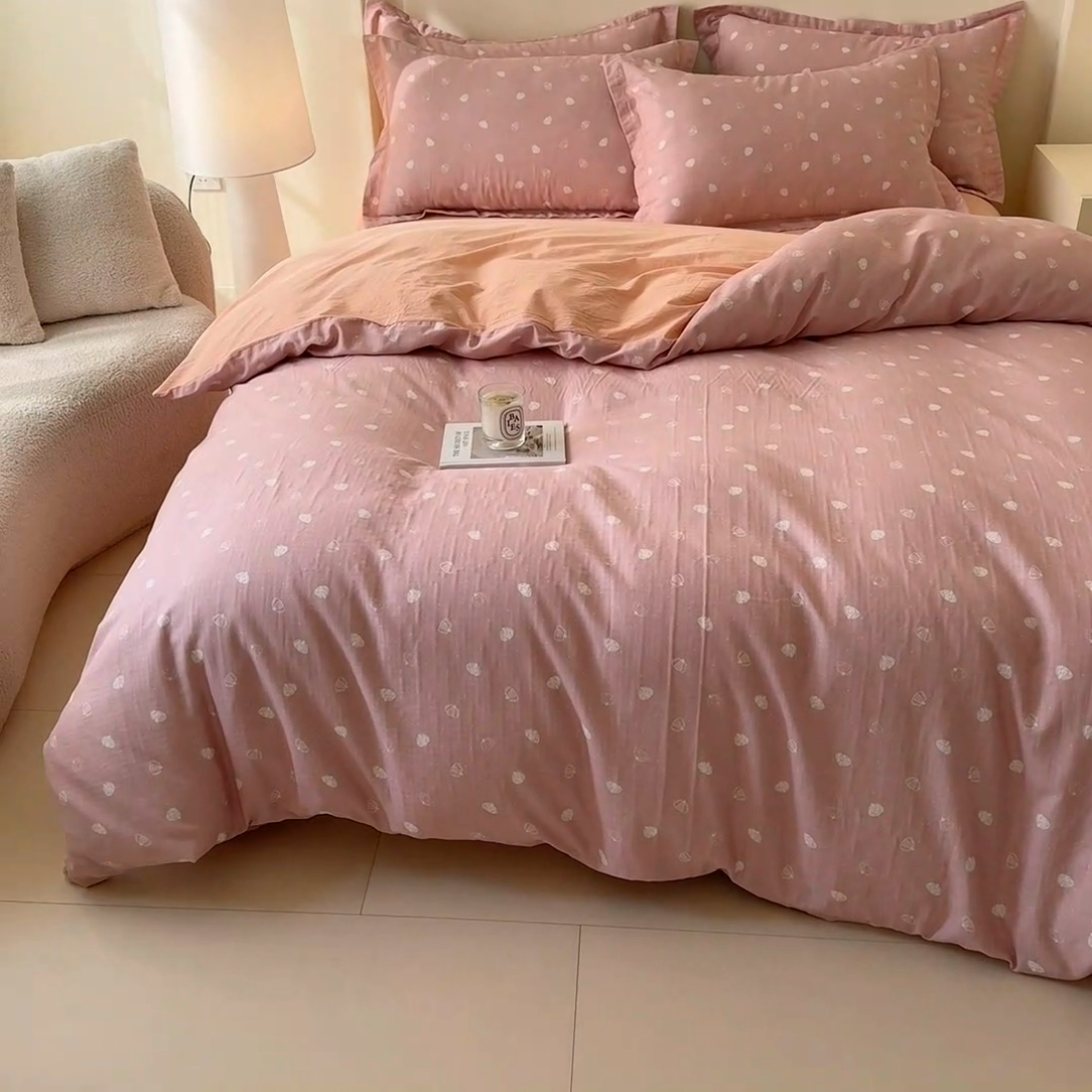 91家纺网 家纺一手货源 找家纺 喜四方 2025新款全棉A类母婴级抗菌全棉双层纱四件套 南瓜点点-粉