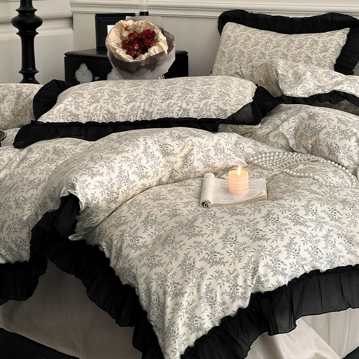 91家纺网 家纺一手货源 找家纺 蓝邻家纺 2025年新款全棉法式复古真丝绉花边四件套系列 瑞莎-灰