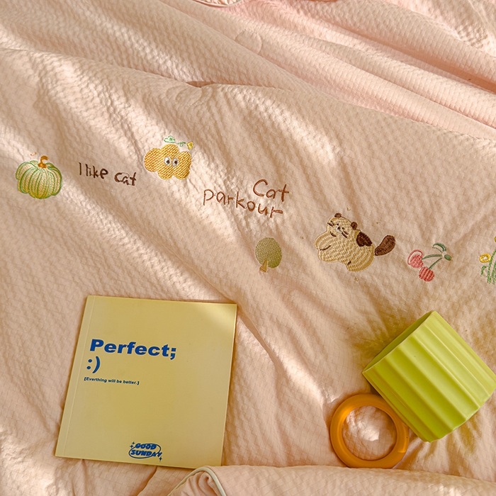 91家纺网 家纺一手货源 找家纺 睡棉坊 2025新款A类泡泡棉夏被韩版原创设计刺绣款空调被夏凉被 浅玉色