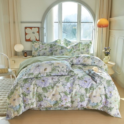 启航家居 2025春夏全棉铂金棉数码印花四件套 绽放序曲绿