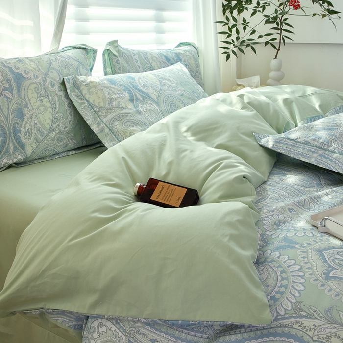 91家纺网 家纺一手货源 找家纺 启航家居 2025春夏全棉铂金棉数码印花四件套 凝远绿