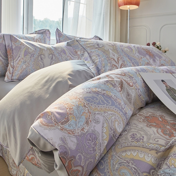 91家纺网 家纺一手货源 找家纺 启航家居 2025春夏全棉铂金棉数码印花四件套 泊淮紫