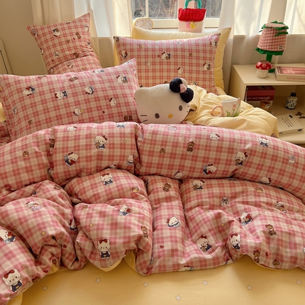 91家纺网 家纺一手货源 找家纺 桃喜 2025新款春夏全棉卡通13070小清新四件套 粉格小猫