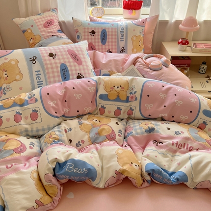 91家纺网 家纺一手货源 找家纺 桃喜 2025新款春夏全棉卡通13070小清新四件套 轻松小熊