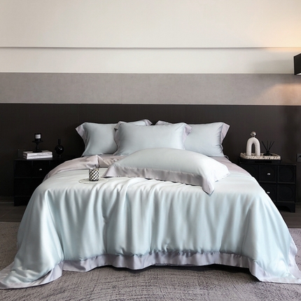 91家纺网 家纺一手货源 找家纺 云栖家居 2025莱赛尔60兰精天丝双拼纯色四件套 蓝天蓝&魔法灰