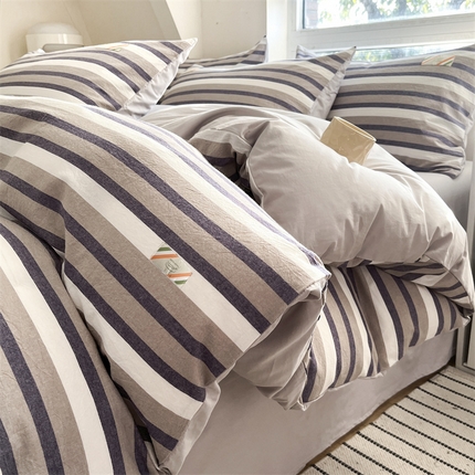 蓝米卡夫 2025新品-无印风全棉色织水洗棉四件套 七彩-蓝调