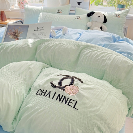 灰鲸 2025新款泡泡纱系列艾丽莎刺绣四件套 泡泡纱艾丽莎-薄荷绿+天空蓝