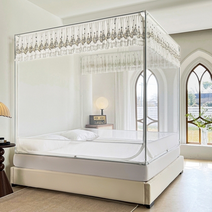 伊而梦蚊帐 2025新款908款U型门蕾丝三开门坐床蚊帐 908  珍珠白-经典铁艺支架