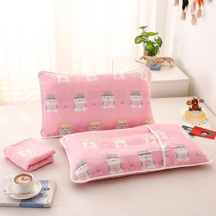 91家纺网 家纺一手货源 找家纺 朴尔家纺-毛巾被 2025新款A类全棉卡通六层纱布儿童枕套 土拨鼠粉