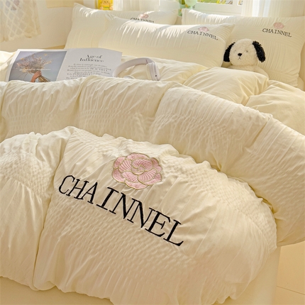 91家纺网 家纺一手货源 找家纺 灰鲸 2025新款泡泡纱系列南笙刺绣四件套 泡泡纱南笙-奶昔白+奶油黄