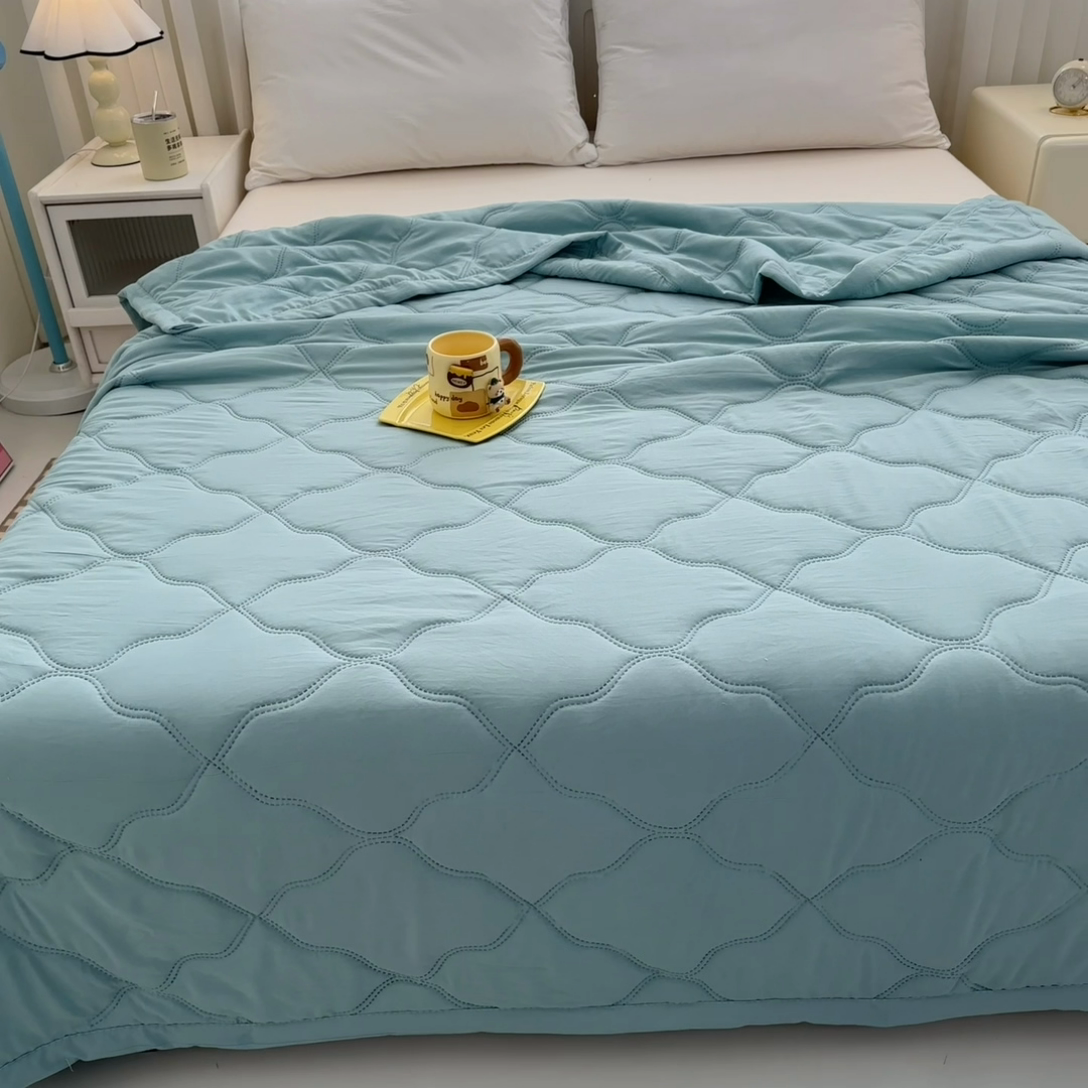 91家纺网 家纺一手货源 找家纺 悦织湾2025新款亲肤水洗棉夏被印花纯色升级版芦荟棉夏凉被空调被跑量款 纯色-夏被-蓝