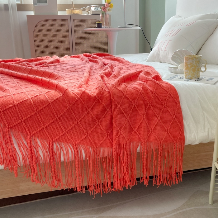 91家纺网 家纺一手货源 找家纺 朴尔家纺-毛巾被 2025新款菱形格条纹流苏手工针织毯 大红色
